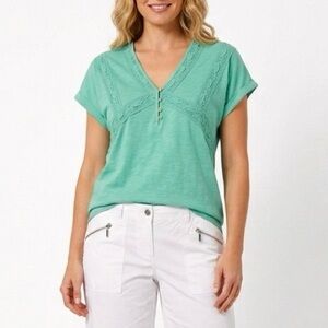 In Loom Top Mint Green Lace Inset V-Neck Short Sleeve Relaxed NWT M Cottagecore